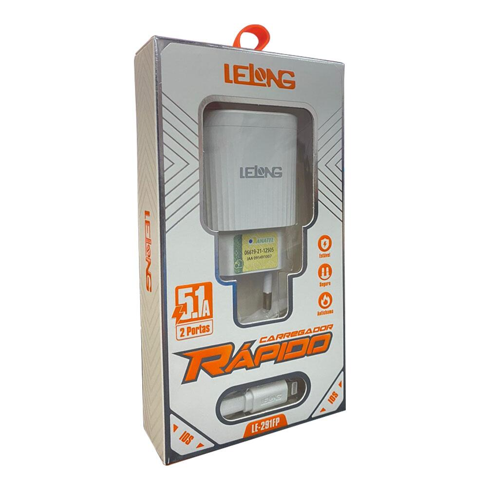 Carregador Turbo + Cabo Lelong LE-291FP 5.1A com 2 Portas USB para iPhone